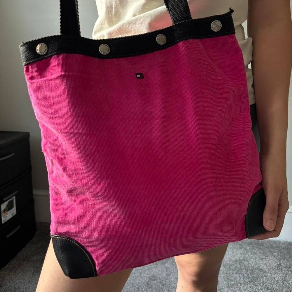 Y2K Retro Pink Navy Blue Faux Leather Tommy Hilfiger Corduroy‎ Tote bag - Medium - Picture 7 of 7